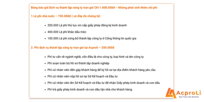 Chi phí thành lập công ty tại Acproli